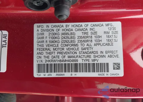 2021 Honda Cr-V 2Wd Ex-L from USA, damaged, VIN 2HKRW1H84MH404899